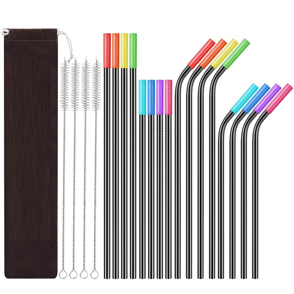 21 Piece Stainless Steel Straw Set with Silicone Tips and Cleaning Brushes Reusable Metal Straws for Cold and Hot Beverages Includes Carrying Pouch