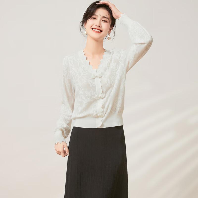 Golden Chrysanthemum Mulberry Silk Jacquard V-Neck Cardigan