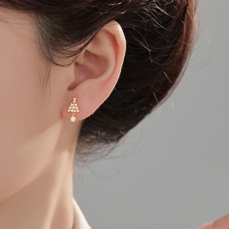 Boucles d'oreilles puces de luxe Arbre de Noël et Étoile en Argent Sterling S925 - Cadeau Exquis Style Mori pour Femmes