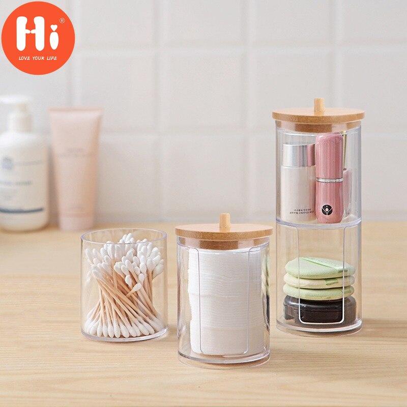 Hi Makeup Cotton Pad Organizer Storage Box for Cotton Swab Rod Cosmetic Organizer Jewelry Bathroom  Storage Container with Wood Lid