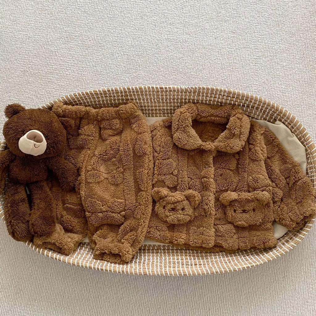 Autumn and Winter Baby Home Suit Cute Bear Plush Coat Children Plus Plush Pajamas Two-piece Coat Pans Sets