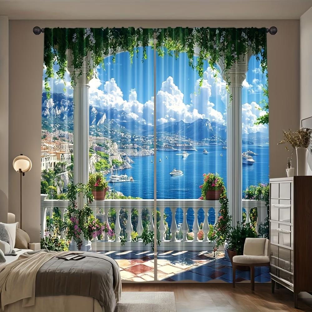 2PCS Digital Printed Curtains, Balcony Ocean