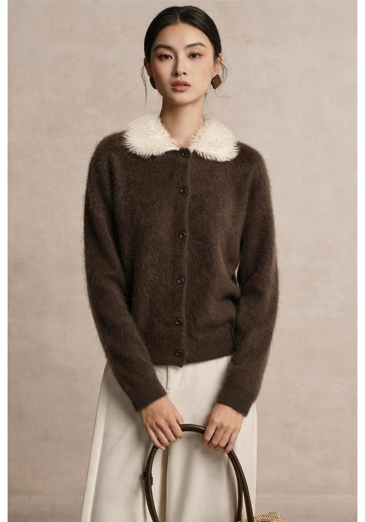 Women's Cashmere-Feel Lapel Cardigan: Autumn/Winter Loose Knit Brushed Top