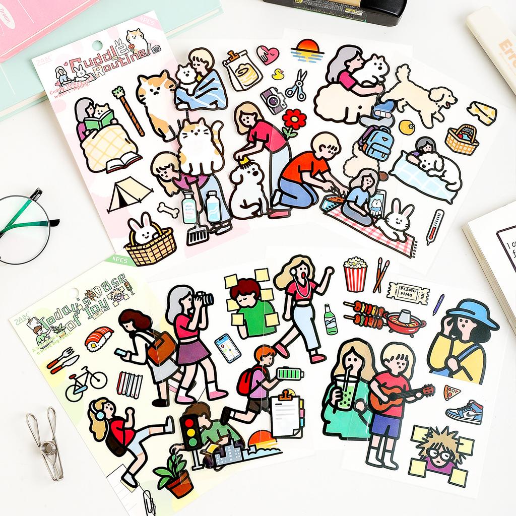 4/24 Sheets Kawaii PET Die Cut Cartoon Stickers DIY Scrapbook Stickers Creative Decorative Aesthetics Journal Supplies
