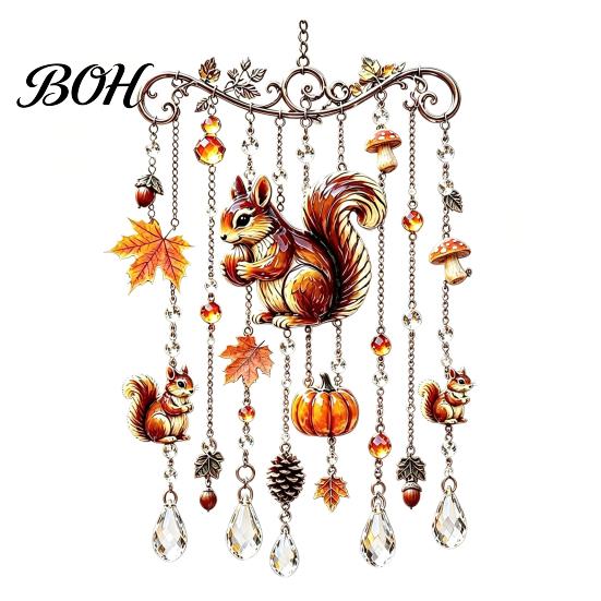 Outdoor Patio Wind Spinners Fall Animal Chime Suncatcher, Stained Acrylic Fox Rabbit Hanging Suncatcher Unique Garden Art Gifts with Prism Drops,