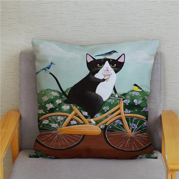 Cartoon Cycling Cat Print Cushion Cover Super Soft Pillowcase 45x45  Home Decor