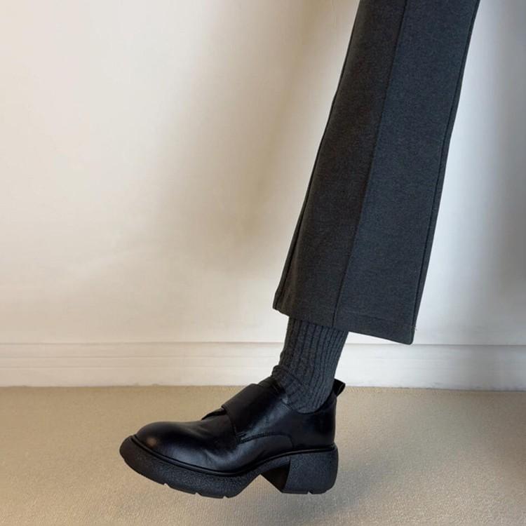 Sheepskin version~ platform loafers Velcro one-pedal small leather shoes commuting versatile leather thick heel single shoes children