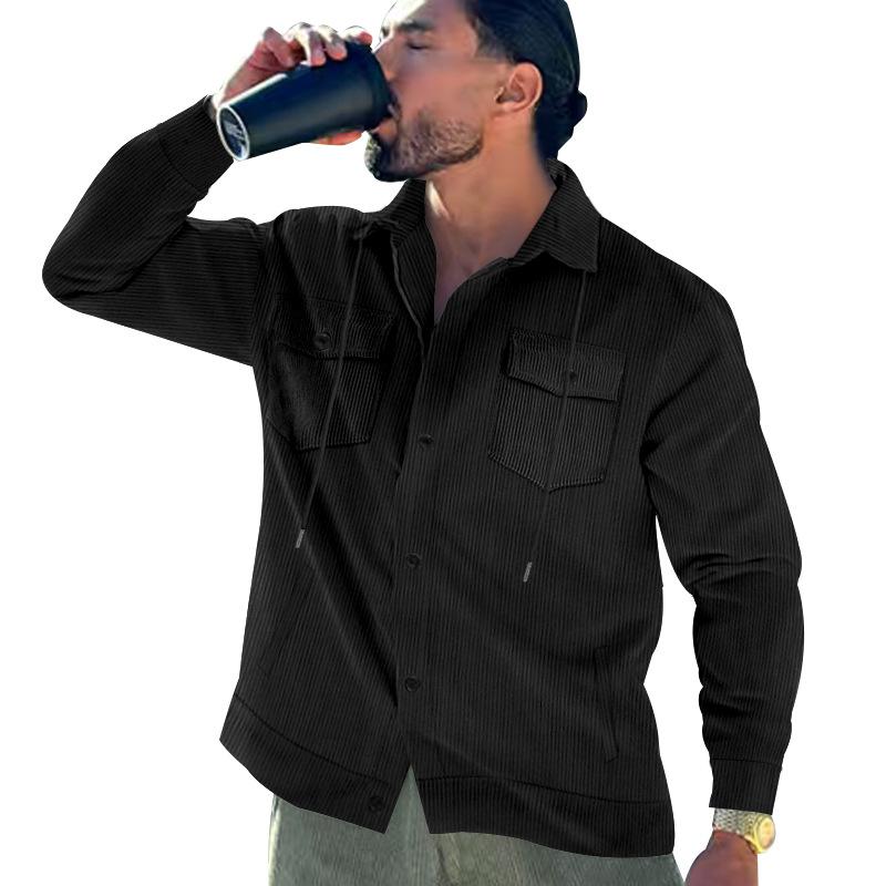 

Мужская вельветовая куртка на пуговицах с длинным рукавом в полоску, повседневная винтажная рубашка с двумя карманами 3XL чёрный