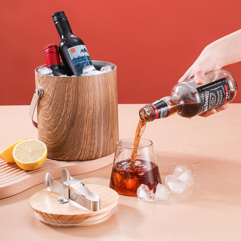 304 Stainless Steel Double-Layer Ice Bucket with Peach Wood Grain