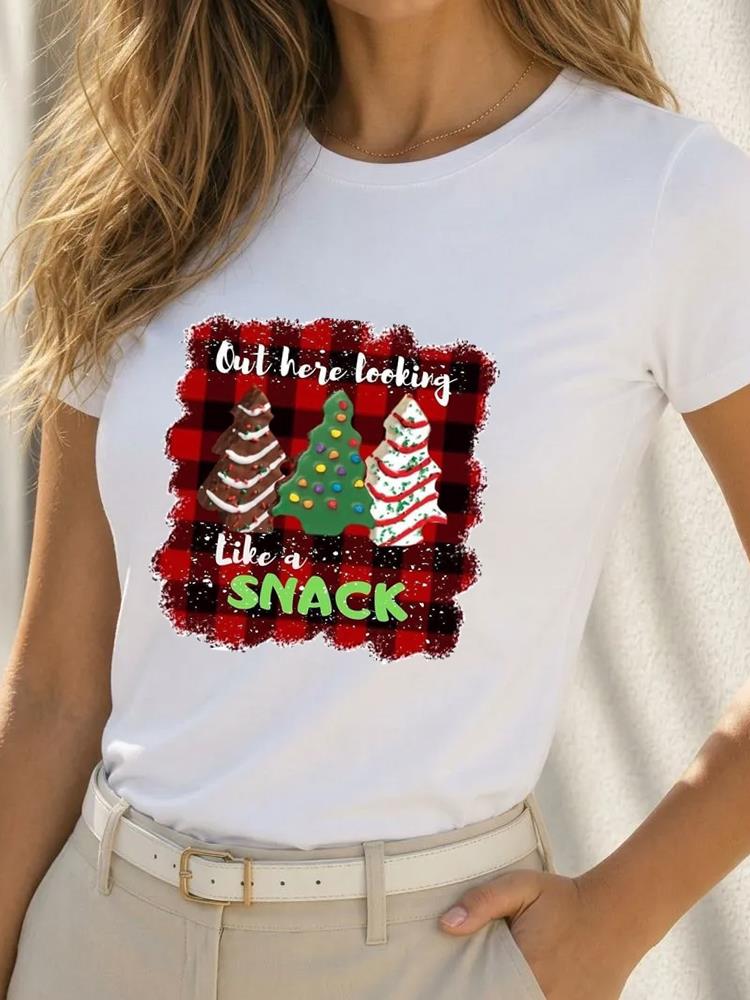 (Asian Size) Short Sleeve T-shirts Happy Festival Merry Christmas Fashion Women's Top O-neck T Shirt Print Casual New Year Clothing Graphic Tee