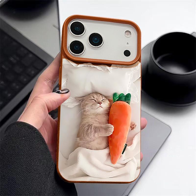 Sleeping Cat Carrot Pattern Case For iPhone 17 Pro Max Funda iPhone 16 Pro Max 15 14 13 12 11 Air 16E Leather Texture Silicone Cover