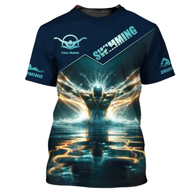 Custom Name Swimming Graphic Tee Shirt For Men 3D Print Short Sleeve Crew Neck Tshirts Clothes Gift For Swimming Lovers
