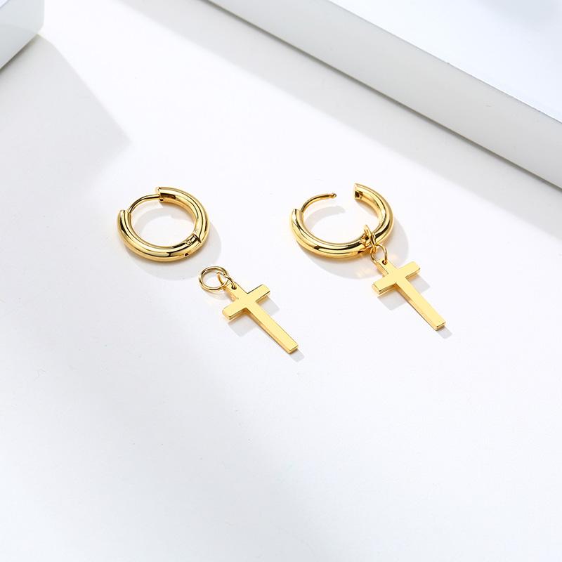 Dainty Minimalist Gold Color Dangling Cross Shaped Charm Huggie Pierced Hoop Earrings For Guy Men Women Jewelry