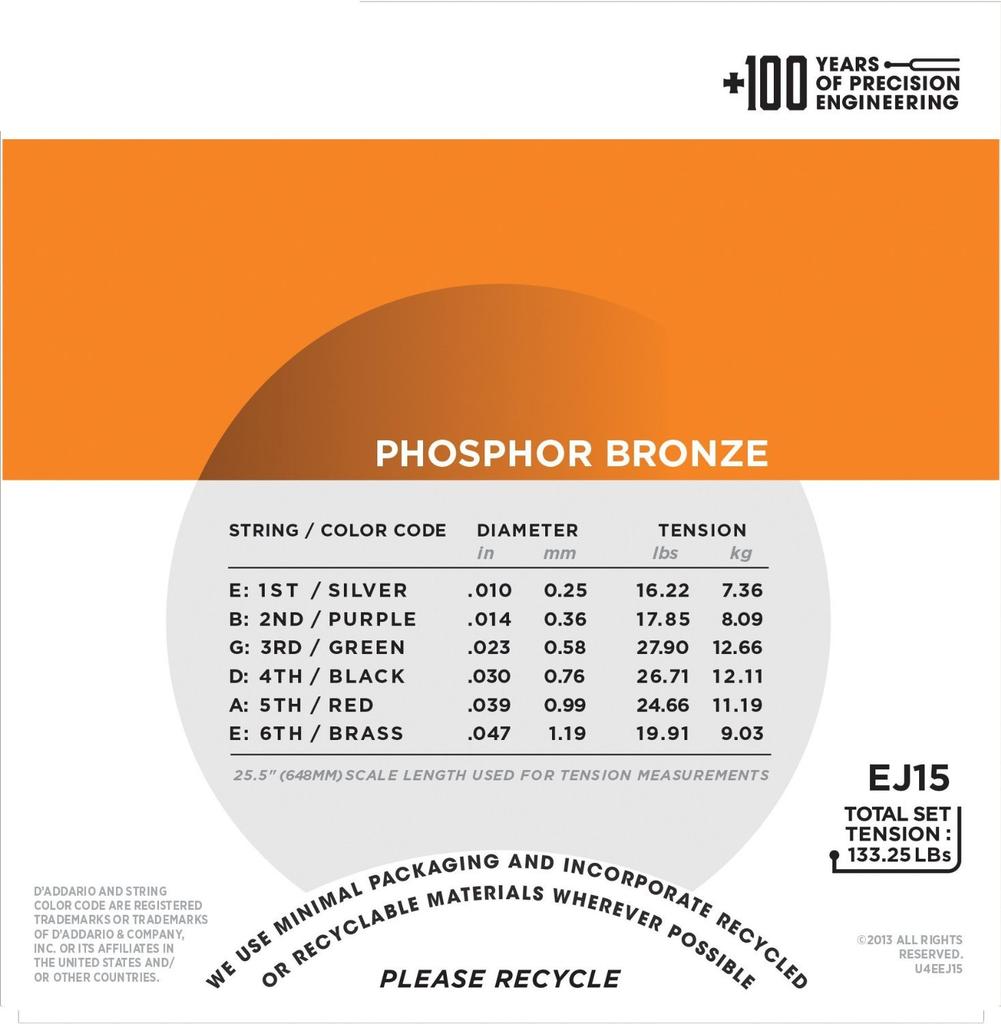 Acoustic Guitar Strings Phosphor Bronze Extra Light EJ15 x 10 Set D'Addario .010-.047 []