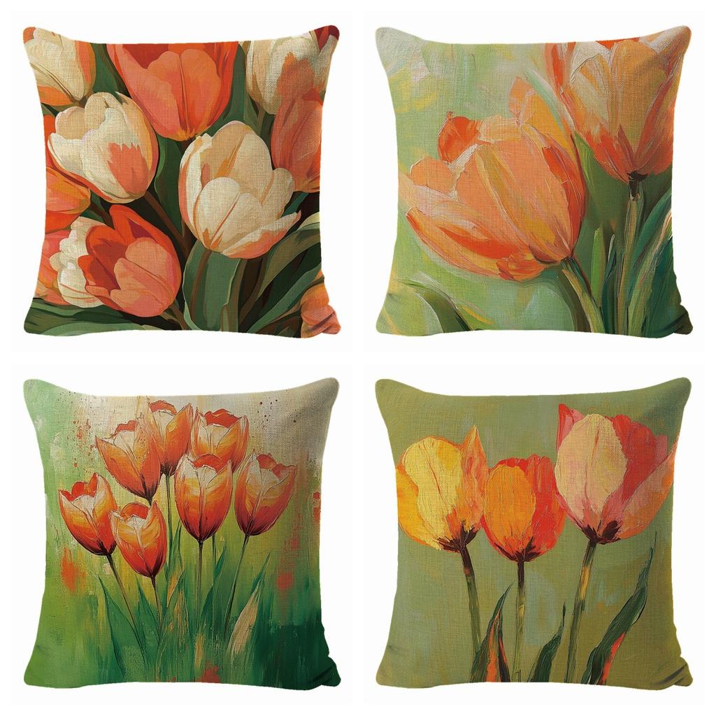 New Spring Festive Flower Linen Cushion Cover JIT Pillow Set of Four with Label