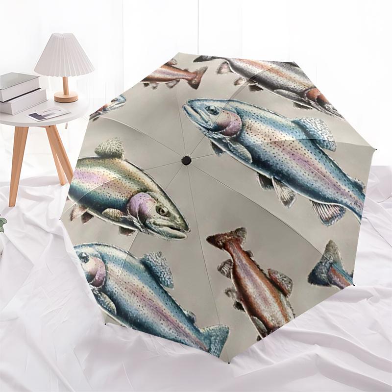 Regenbogenforelle Fischdruck Automatisches Öffnen und Schließen Regenschirm, Tragbares FaltDesign mit 8-Rippen Eisenrahmen, Outdoor-Regenschutz für Fans, Reisende, Da