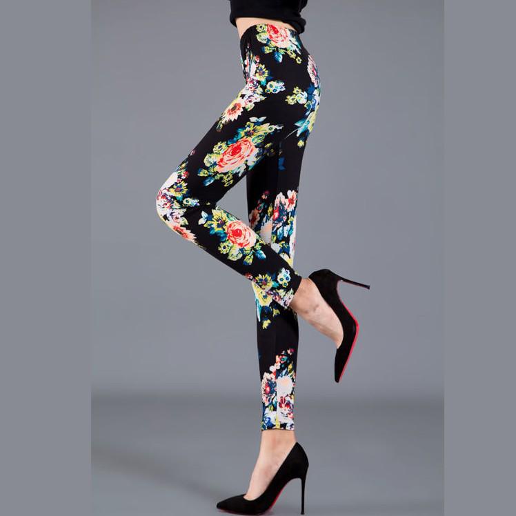 2023 Trendy Floral Print Slim Fit Milk Silk Leggings for Women - Plus Size, Elastic, Outerwear