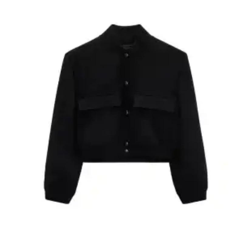 Women's Casual Cropped Bomber Jacket Button Closure Chest Pockets Long Sleeve Streetwear Black Top