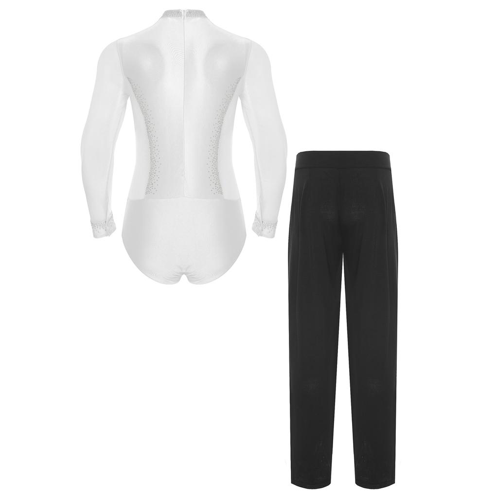 Mens Latin Dance Costume Mock Neck Long Sleeve Shiny Rhinestones Mesh Leotard Bodysuit High Waist Pants Chacha Set