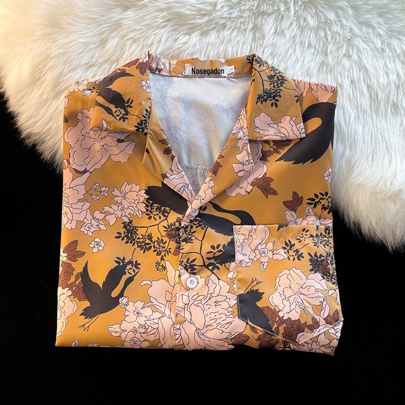 Unisex Vintage Kubakrage Blomsterskjorte - Løs passform, Hong Kong-stil, Kort erm, Perfekt for strand og par