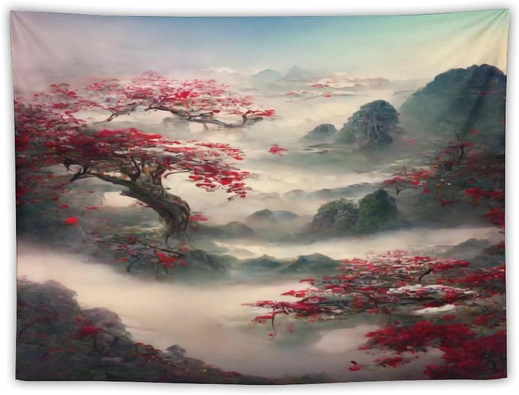 Japanese Red Geisha Tapestry Asian Cherry Blossom Traditional Kimono Folk Tapestries Home Decor Living Room Bedroom Apartment