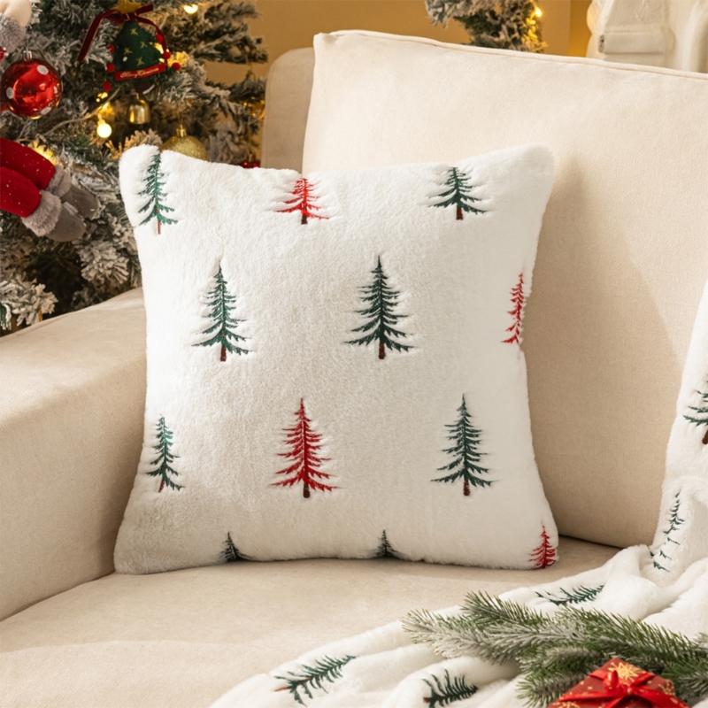 Festives Christmas Tree Embroidery Faux Furs Pillowcase Multipurpose Sofa Square Cushion Cover Bedroom Decoration