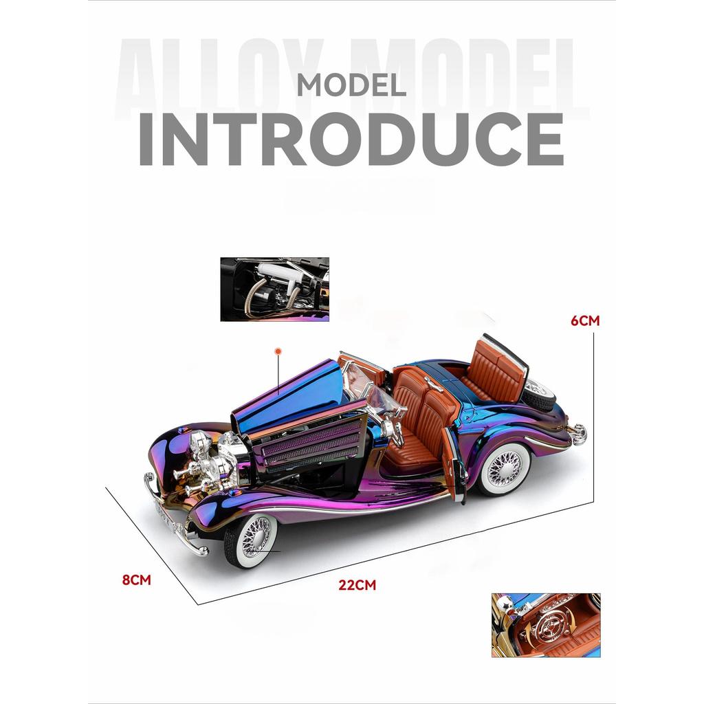 1/24 Mercedes-Benz 500K Electroplate Alloy Model Car Toy Diecasts Metal Casting Sound and Light Car Toys for Children Vehicle