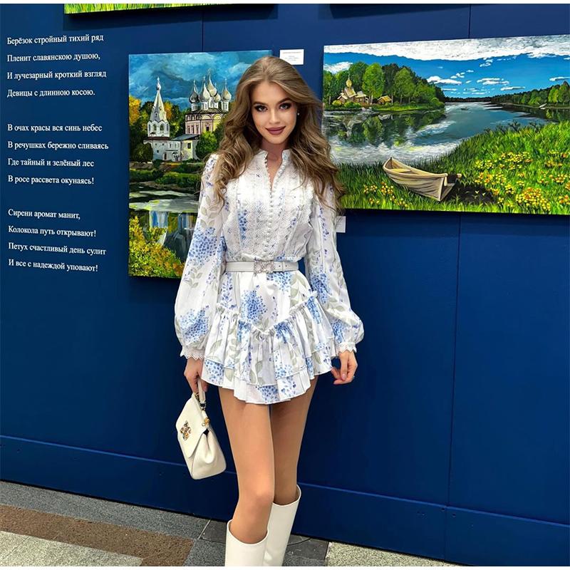 Ladies' Printed Stand Up Collar Bubble Sleeve Long Sleeved Ruffle Edge Short Skirt Casual Slim Fit Dress Blue Print Summer New Collection Waist Dress