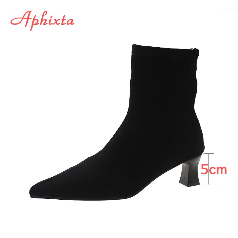 Fashion Aphixta Soft Stretch Fabric Women Ankle Boots Leopard Print Modern Boots 5cm Spike Heels Shoes Woman Boats Botines Para Mujeres