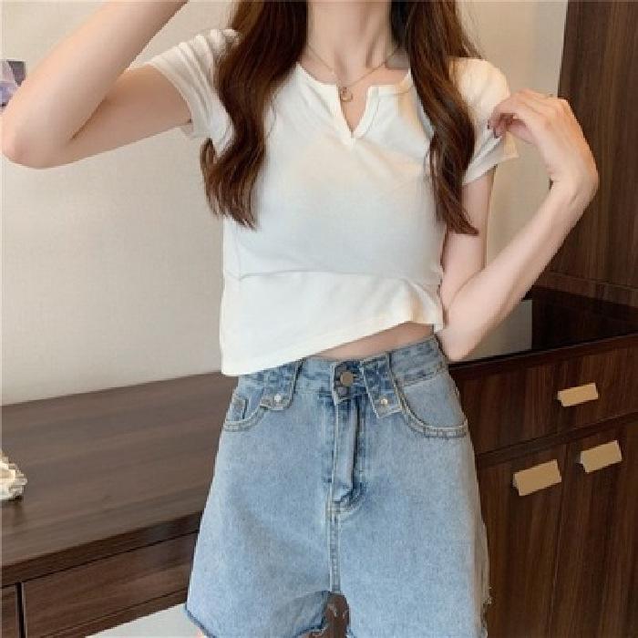 Small V-neck Short Design Slim Body Suit for Women In Summer Navel Exposed Solid Color Short-sleeved T-shirt for Women