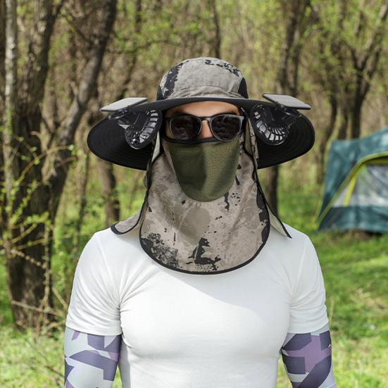 Solar-Ventilator-Hut mit Nackenklappe, LSF 50+, UV-Schutz, Hut mit 2 Solar-Ventilatoren, atmungsaktiv, für Herren, Sommer, Outdoor-Aktivitäten, Angeln, breite Krempe