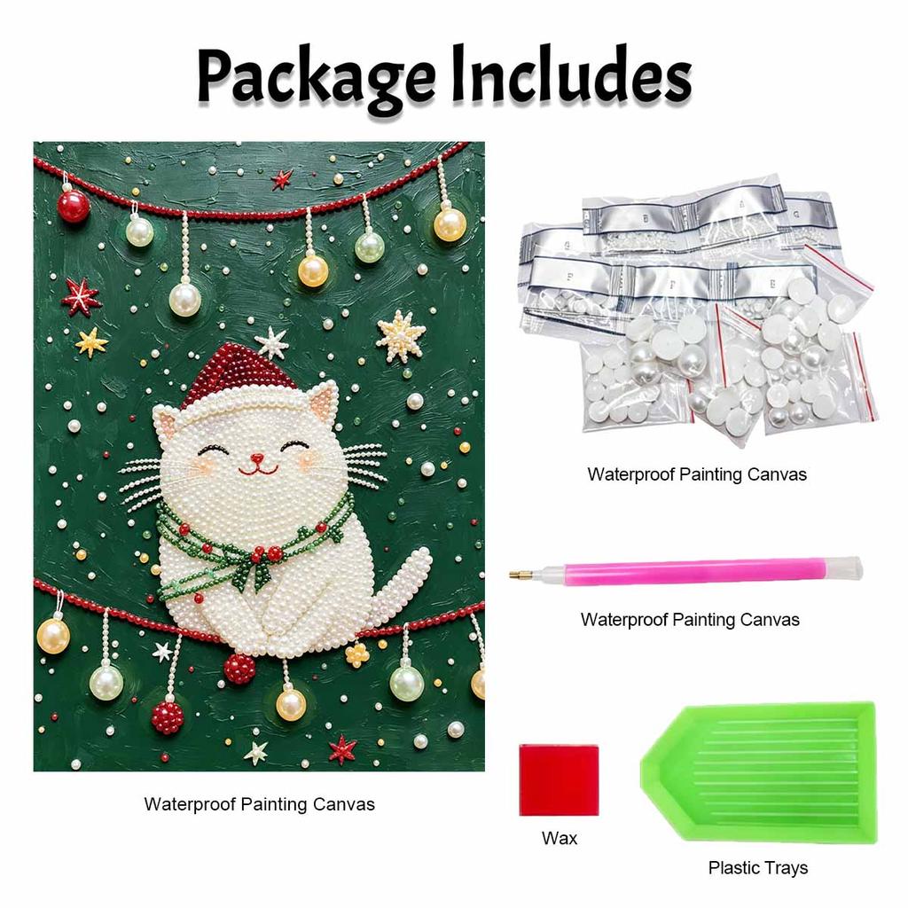 DIY Frameless Pearl Painting Kit Festive Christmas Cat Cozy Home Decor 3D Shiny Bead Art Canvas Relaxing Craft Gift for Adults