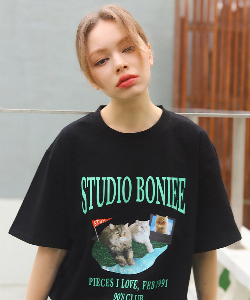 BONIEE Persian Chinchilla Cat Collage Cat Graphic Loose T-Shirt Black