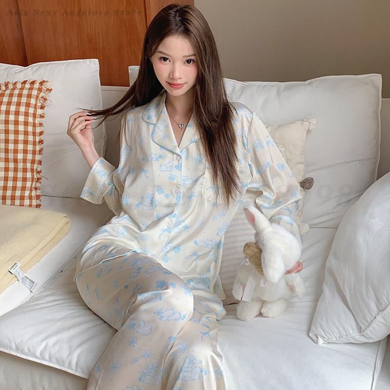 Female Pajamas Set Loungewear Cartoon Print Flower Long Sleeve Trouser Suits Sleepwear Loose Satin 2PCS Shirt&Pant Home Clothes