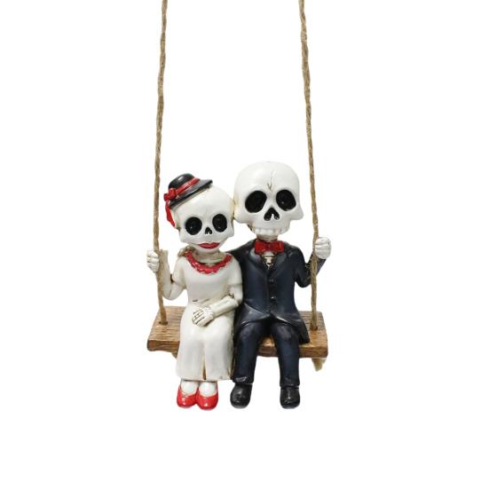 Skeleton Couple Figurine Swing Skeleton Hanging Decoration Gothic Car Rearview Mirror Pendant for Home Halloween Party Decor