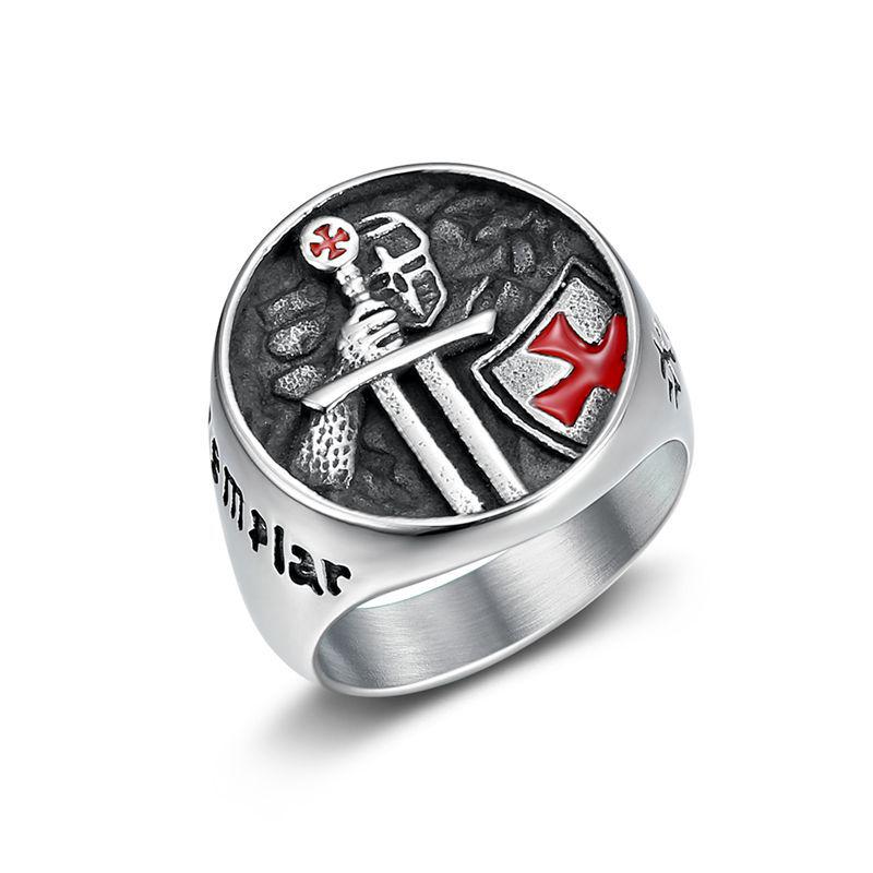 Men s Red Enamel Cross Ring - Templar Knight Style in Titanium Steel Size 9