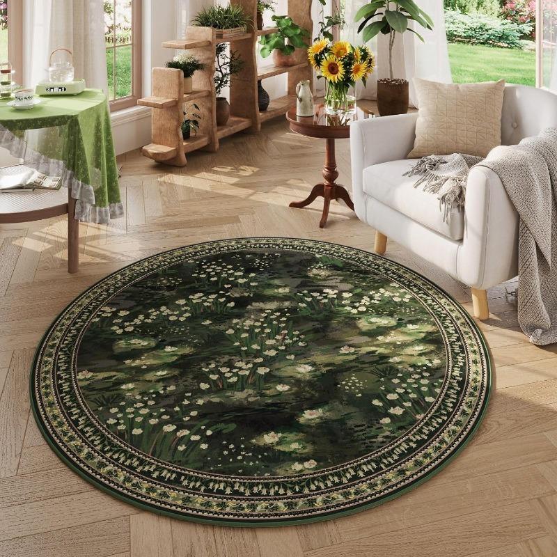 Covor Rotund cu Imprimeu Floral Botanic Art Model cu Plante Verzi Covor Moale Antiderapant Covoraș Decorativ pentru Casă pentru Sufragerie Dormitor Bucătărie