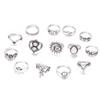 European & American Sunflower, Moon & Water Drop 14-Piece Ring Set with Intricate Floral and Diamond Accents