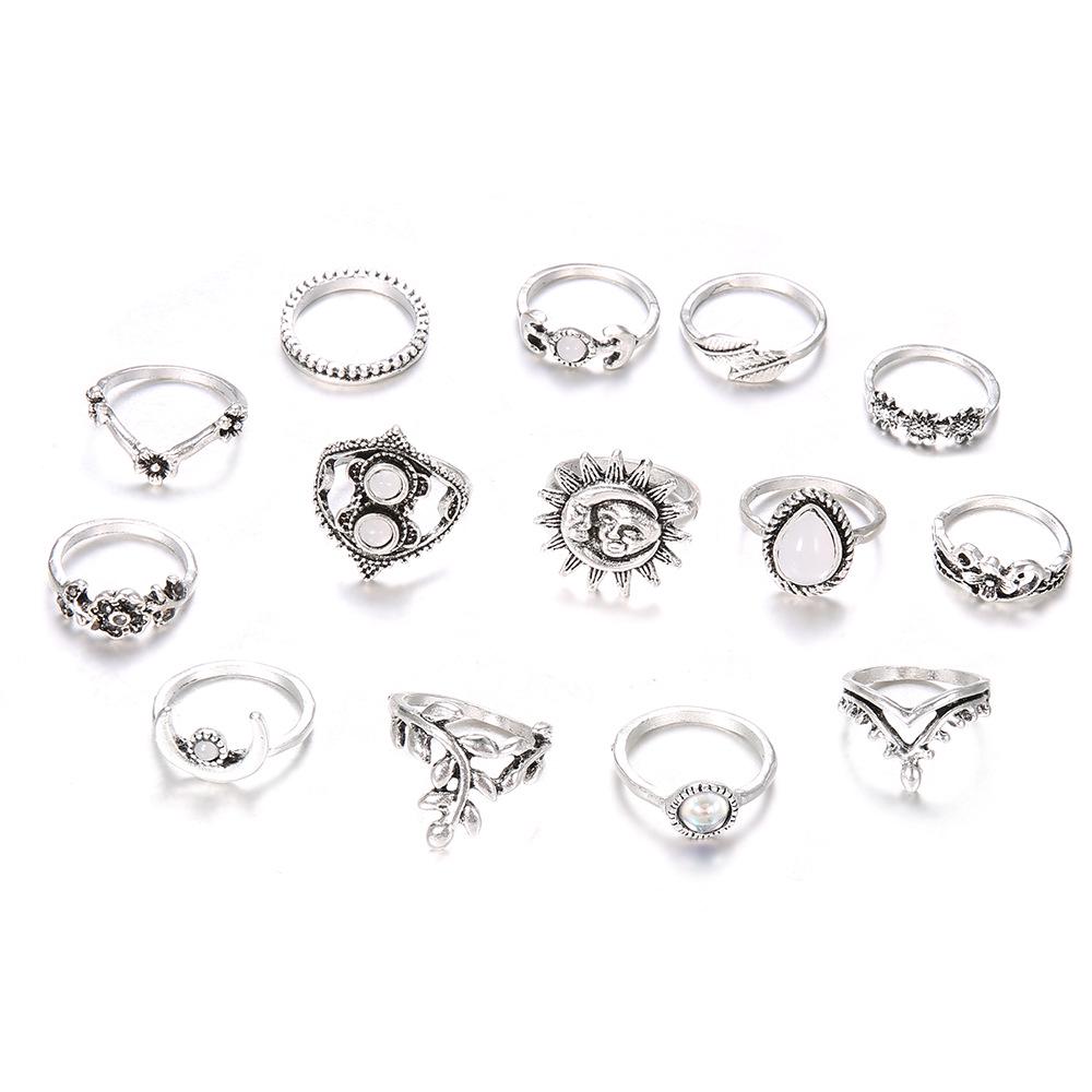European & American Sunflower, Moon & Water Drop 14-Piece Ring Set with Intricate Floral and Diamond Accents