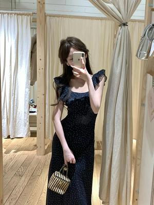 Blue Polka Dot Dress Summer New French Small Fragrant Style Waist Thin Backless Ruffle Edge a Word Long Dress