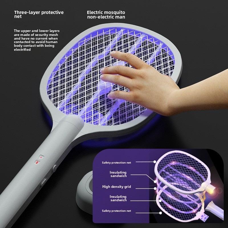 New 2-in-1 electric mosquito swatter with storage base,rechargeable,fly,bat,insect,use for home office,backyard,terrace camping