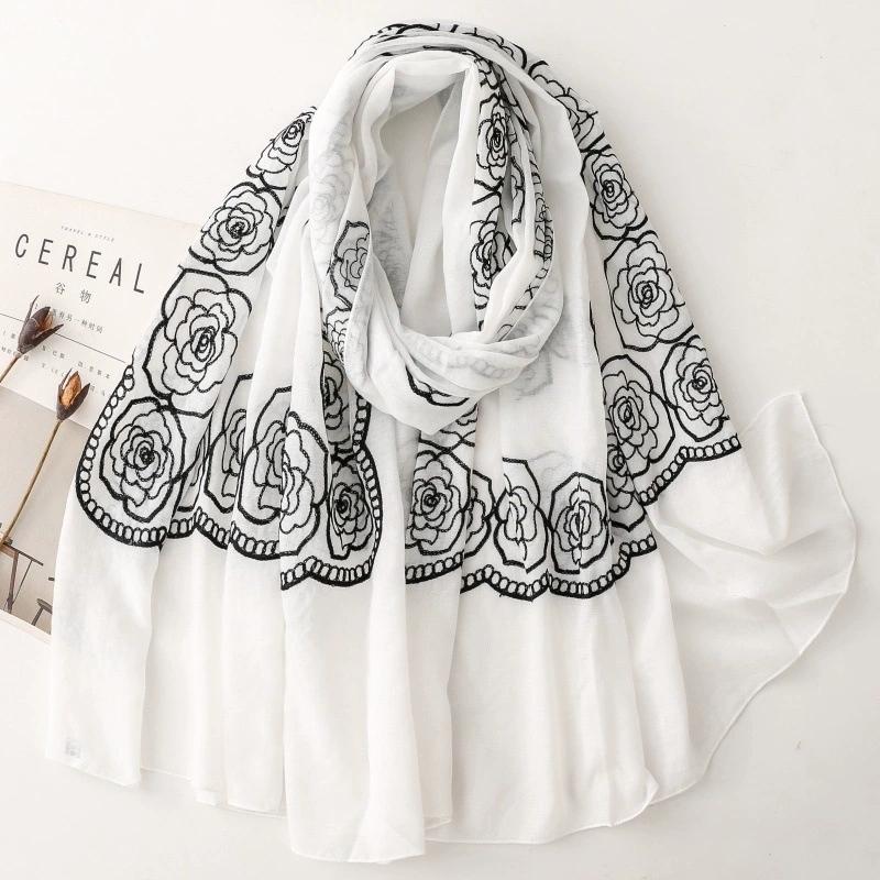 Solid Color Floral Ethnic Style Embroidered Scarf Rose Flower Hijab Scarf Warm Roll Edge Travel Stoles And Shawls For Women