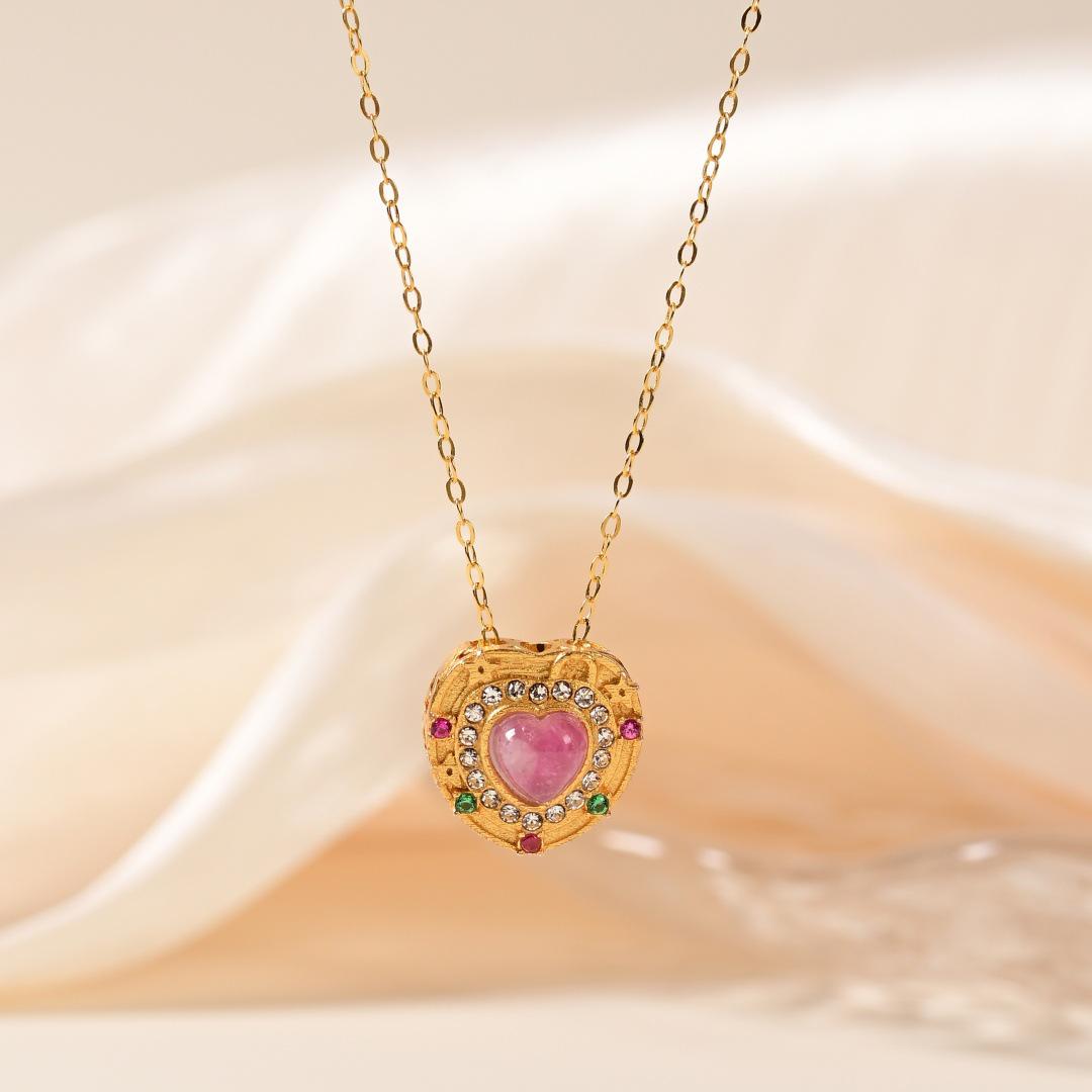 S925 Sterling Silver Tourmaline Heart Pendant Necklace - Retro Light Luxury Style S925 Silver