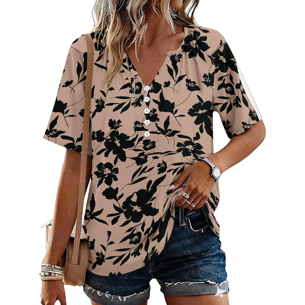 Women's Fashionable Casual Floral Print Button V-neck Short-sleeved Top