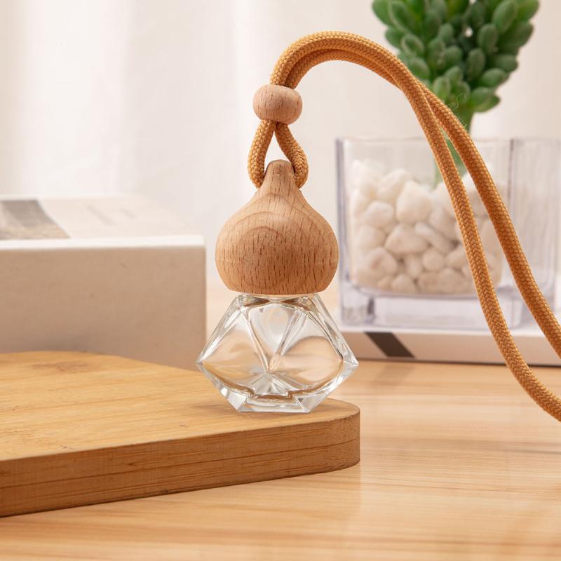8ML Perfume Glass Bottle With Wooden Caps Refillable Car Essential Oil Diffuser Bottle Empty Car Air Freshener Pendant