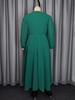 Plus Size Emerald Green Sequin Waist-Cinched Long Pleated Dress with Wide-Hem Skirt and Long Sleeves for Formal Banquets.
