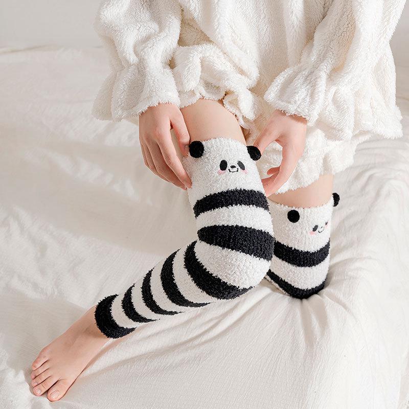 Thick Coral Fleece Knee-High Socks - Warm, No-Pill, Embroidered Cartoon Floor Socks