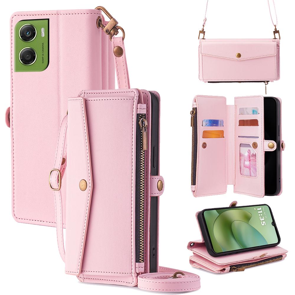 For Motorola Moto G06 4G Case Card Slots Zipper Purse PU Leather Phone Cover with Shoulder Strap