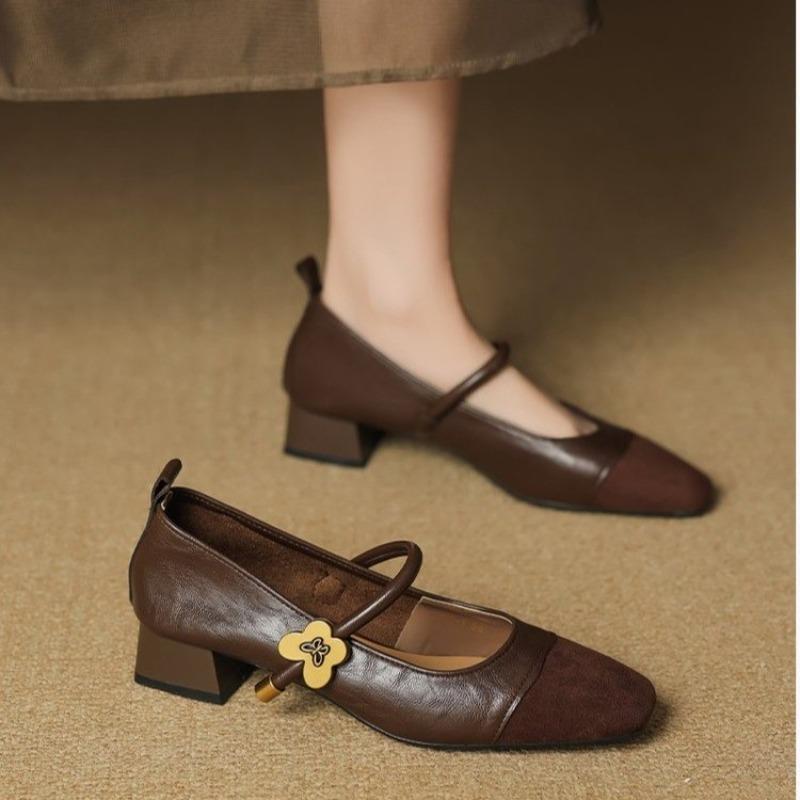 Fashion Vintage Brown Single Shoes Block Heel 2025 New Spliced One Strap Mary Jane Women's Shoes