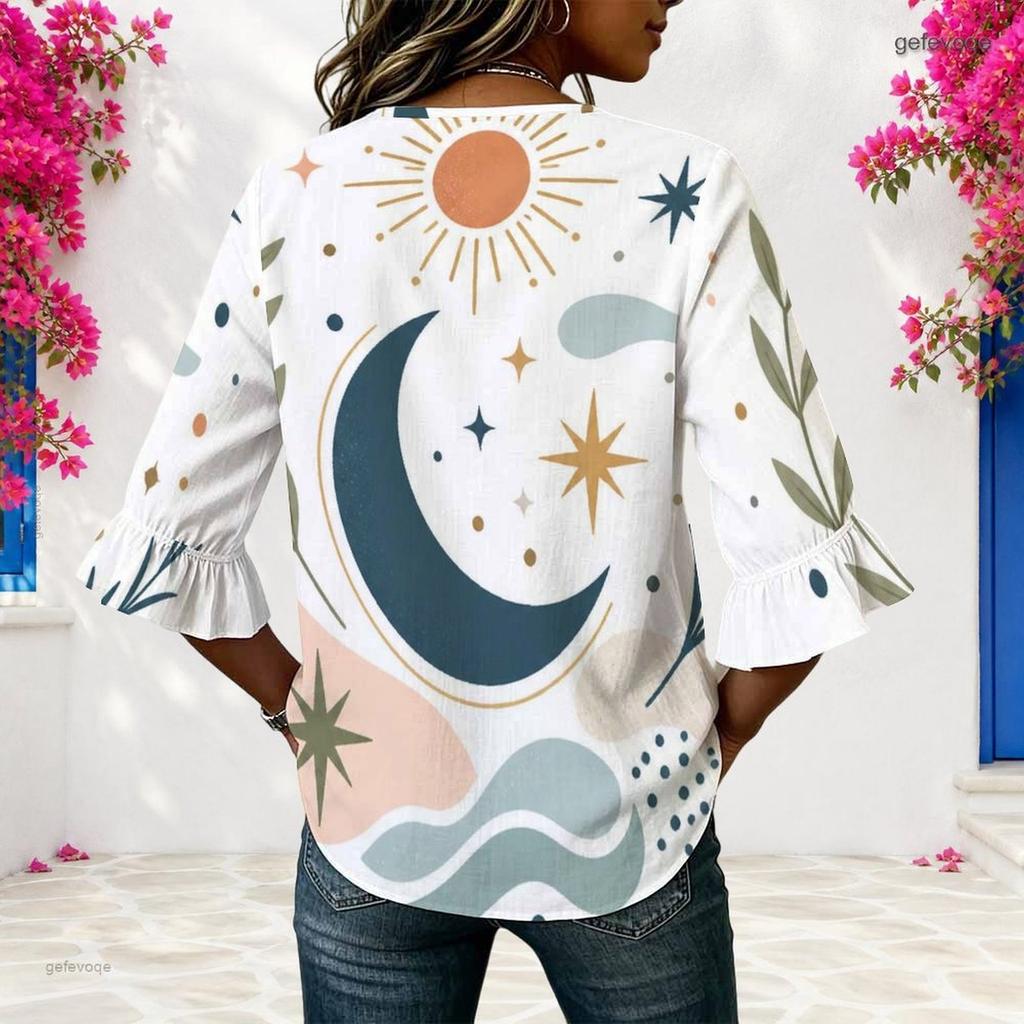Womens Plus Size V Round Neck Mid Sleeve Front Button Trendy Casual Loose Everyday Ladies Blouse